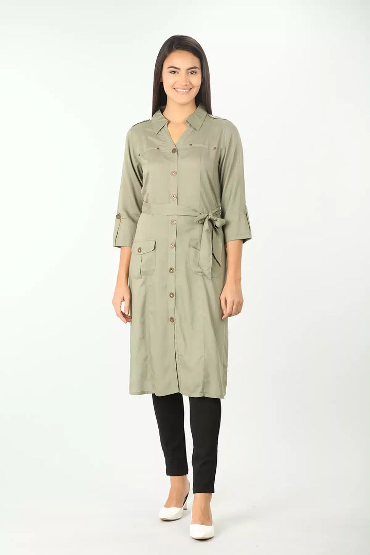 Olive Grey collared Solid Tunic