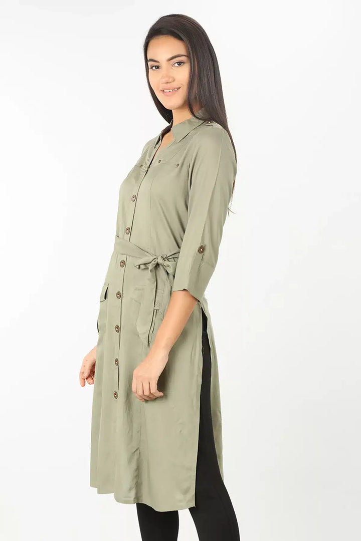 Olive Grey collared Solid Tunic