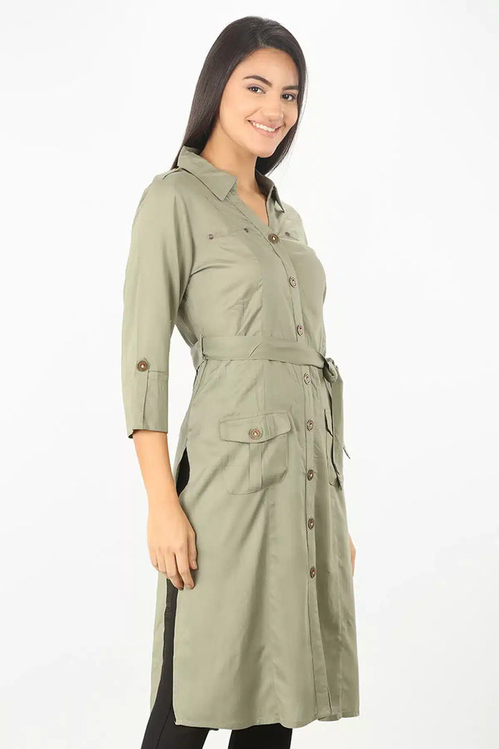 Olive Grey collared Solid Tunic