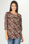BROWN PRINTED V-NECK TOP