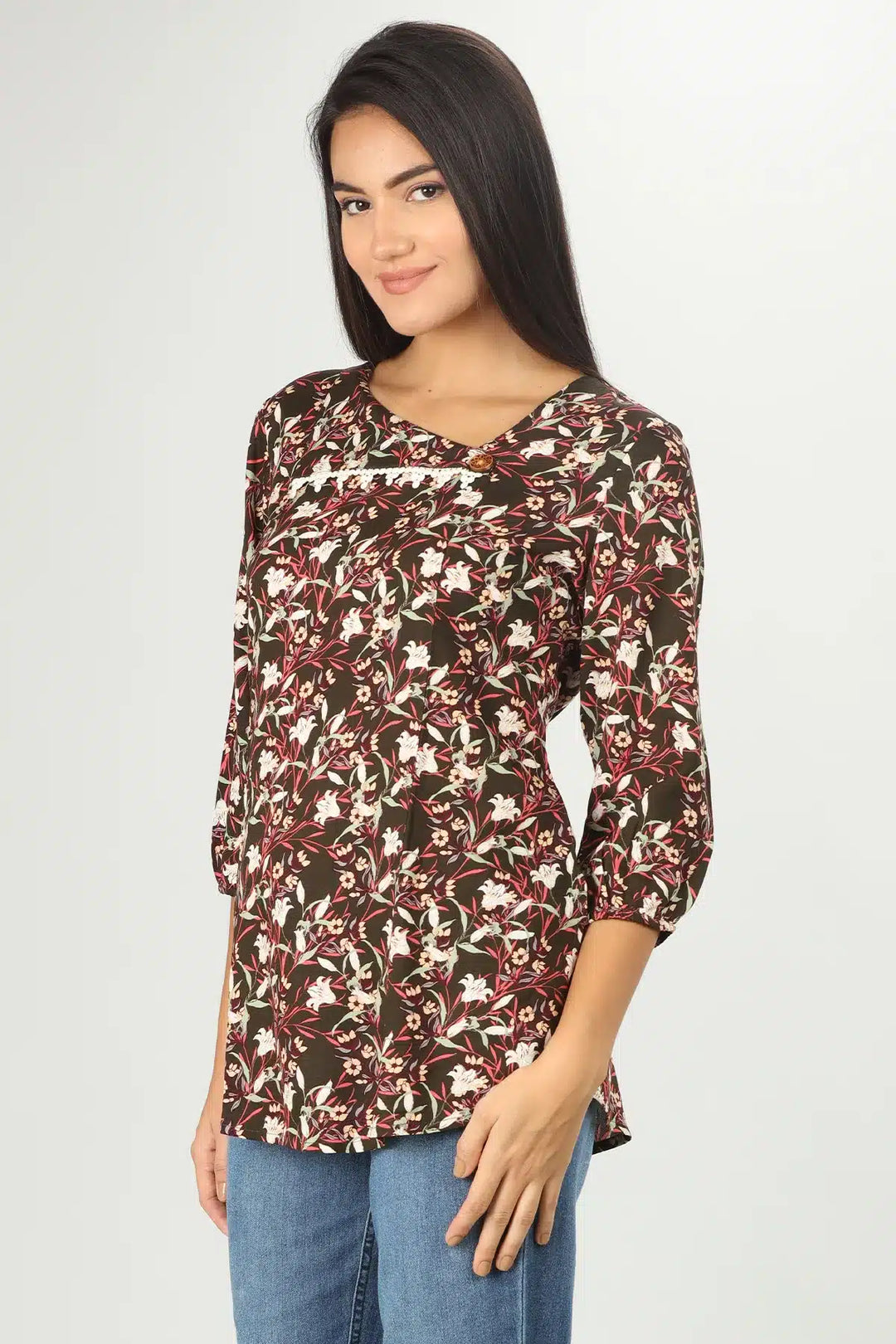 BROWN PRINTED V-NECK TOP