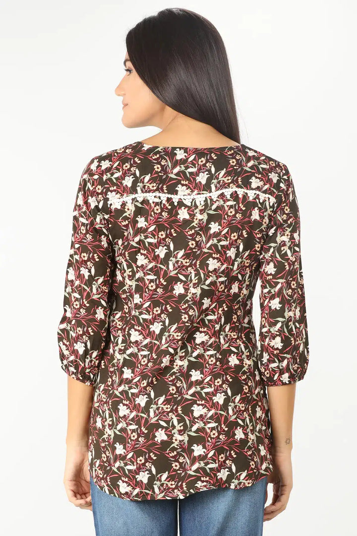BROWN PRINTED V-NECK TOP