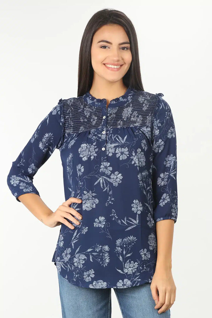 DARK BLUE FLORAL PRINT HIGH NECK TOP