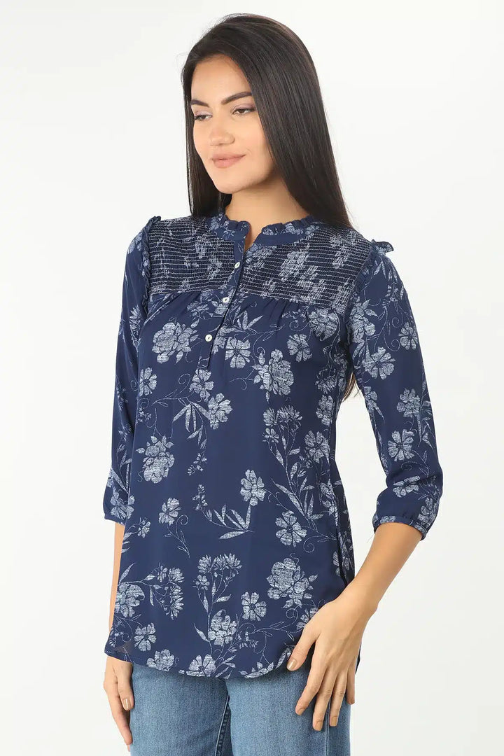 DARK BLUE FLORAL PRINT HIGH NECK TOP