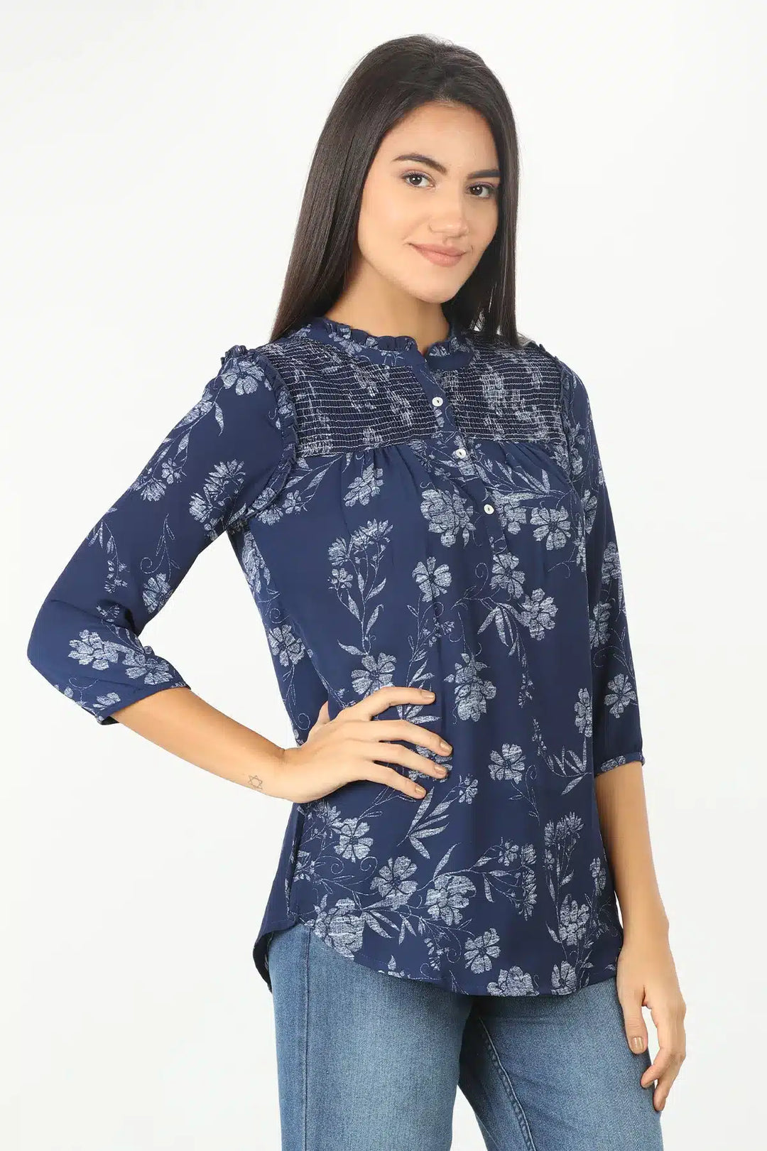 DARK BLUE FLORAL PRINT HIGH NECK TOP