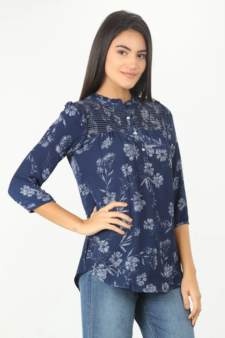 DARK BLUE FLORAL PRINT HIGH NECK TOP