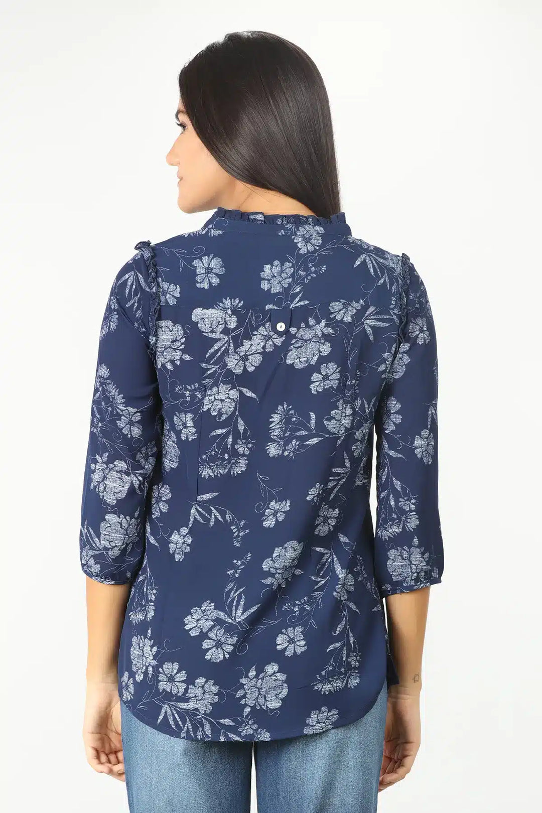 DARK BLUE FLORAL PRINT HIGH NECK TOP