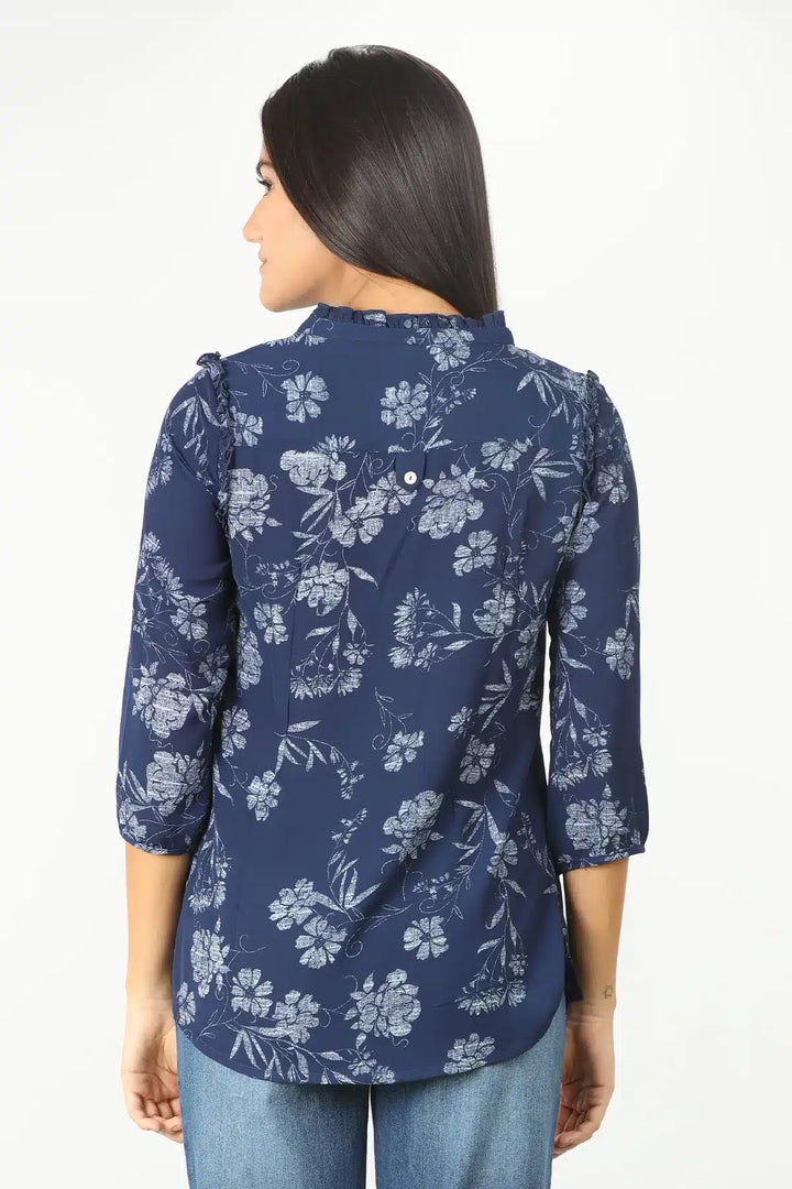 DARK BLUE FLORAL PRINT HIGH NECK TOP