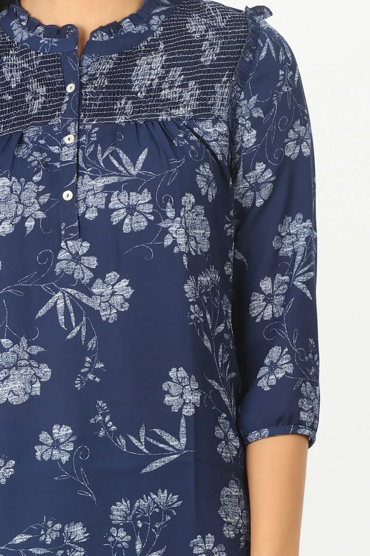 DARK BLUE FLORAL PRINT HIGH NECK TOP