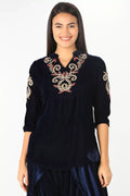 NAVY EMBELLISHED VELVET TOP