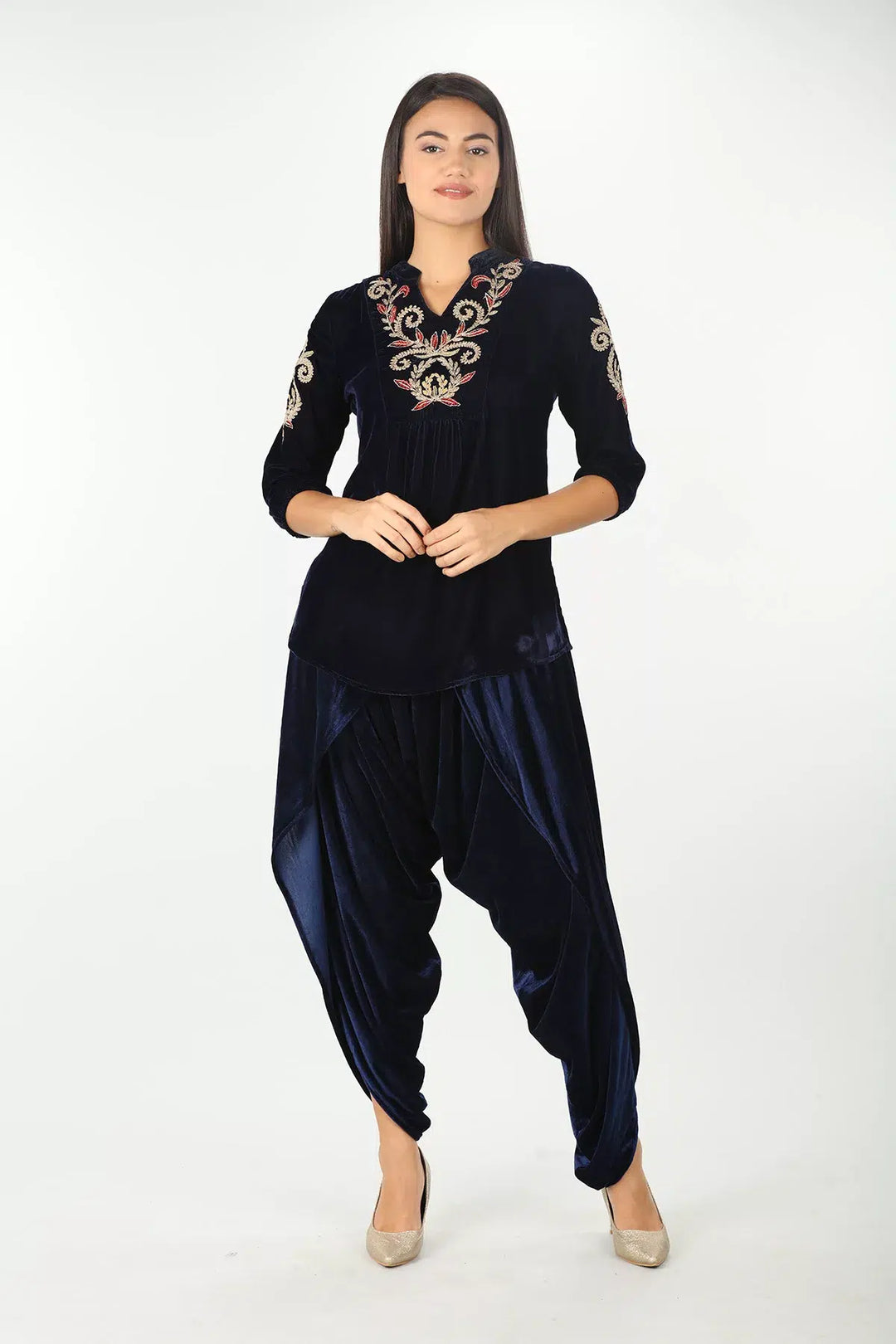 NAVY EMBELLISHED VELVET TOP