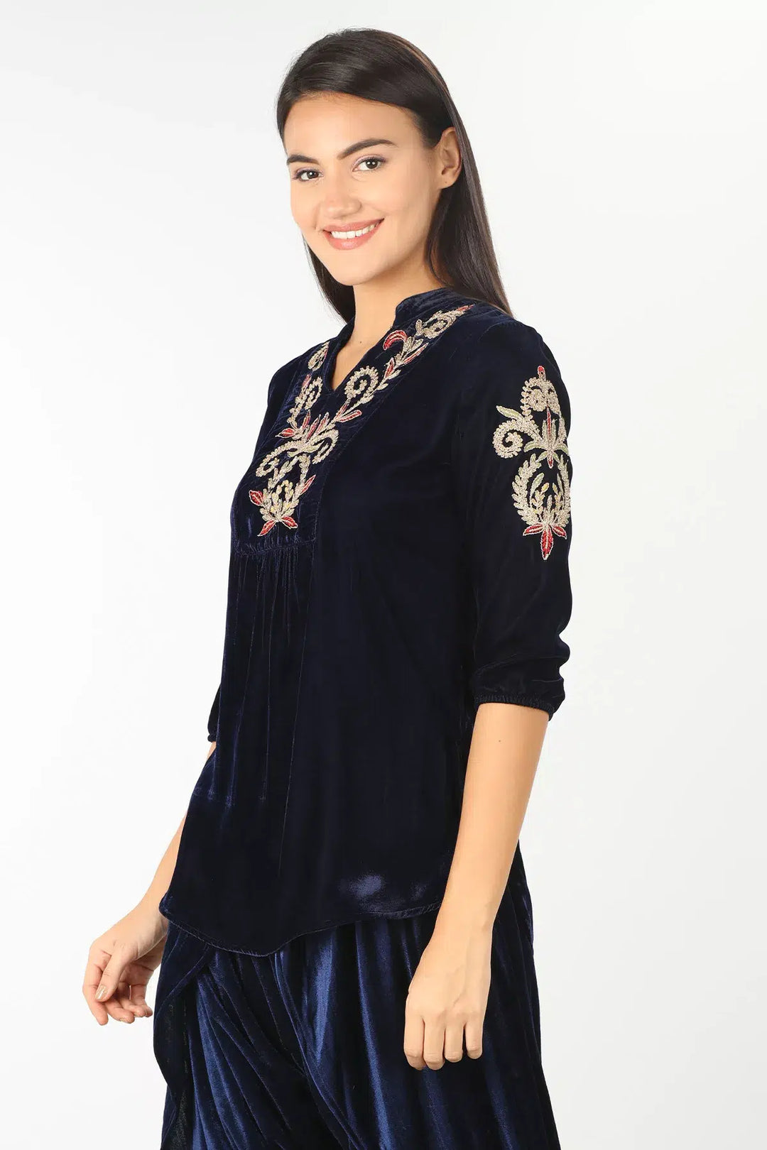 NAVY EMBELLISHED VELVET TOP