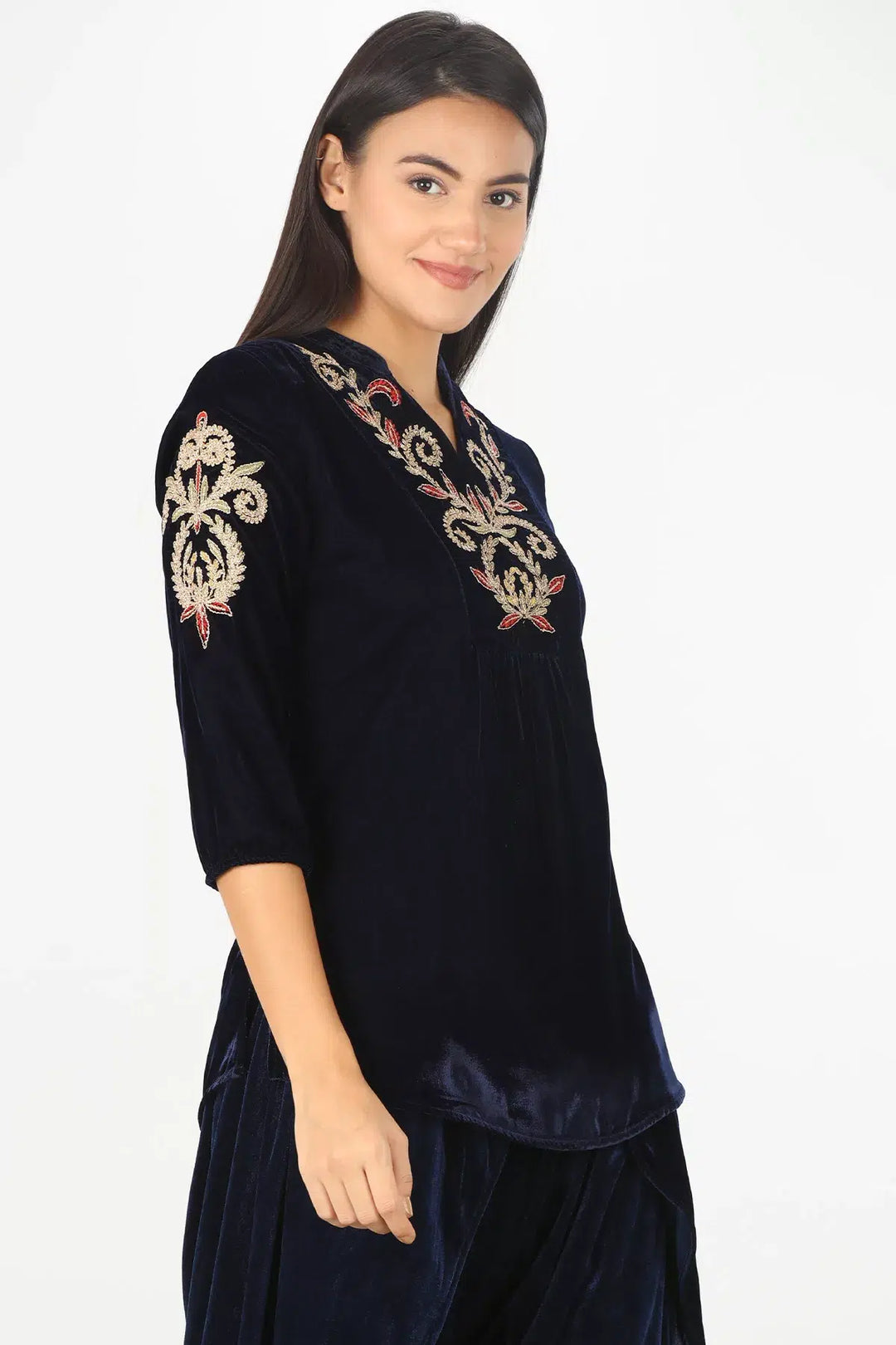 NAVY EMBELLISHED VELVET TOP