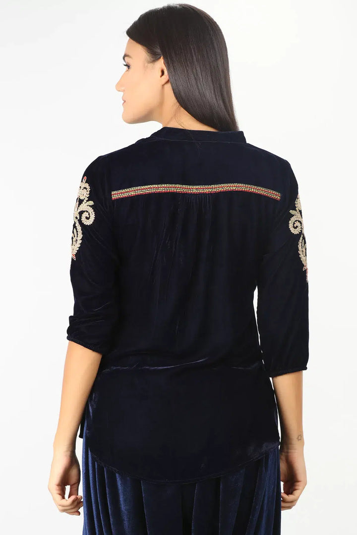 NAVY EMBELLISHED VELVET TOP