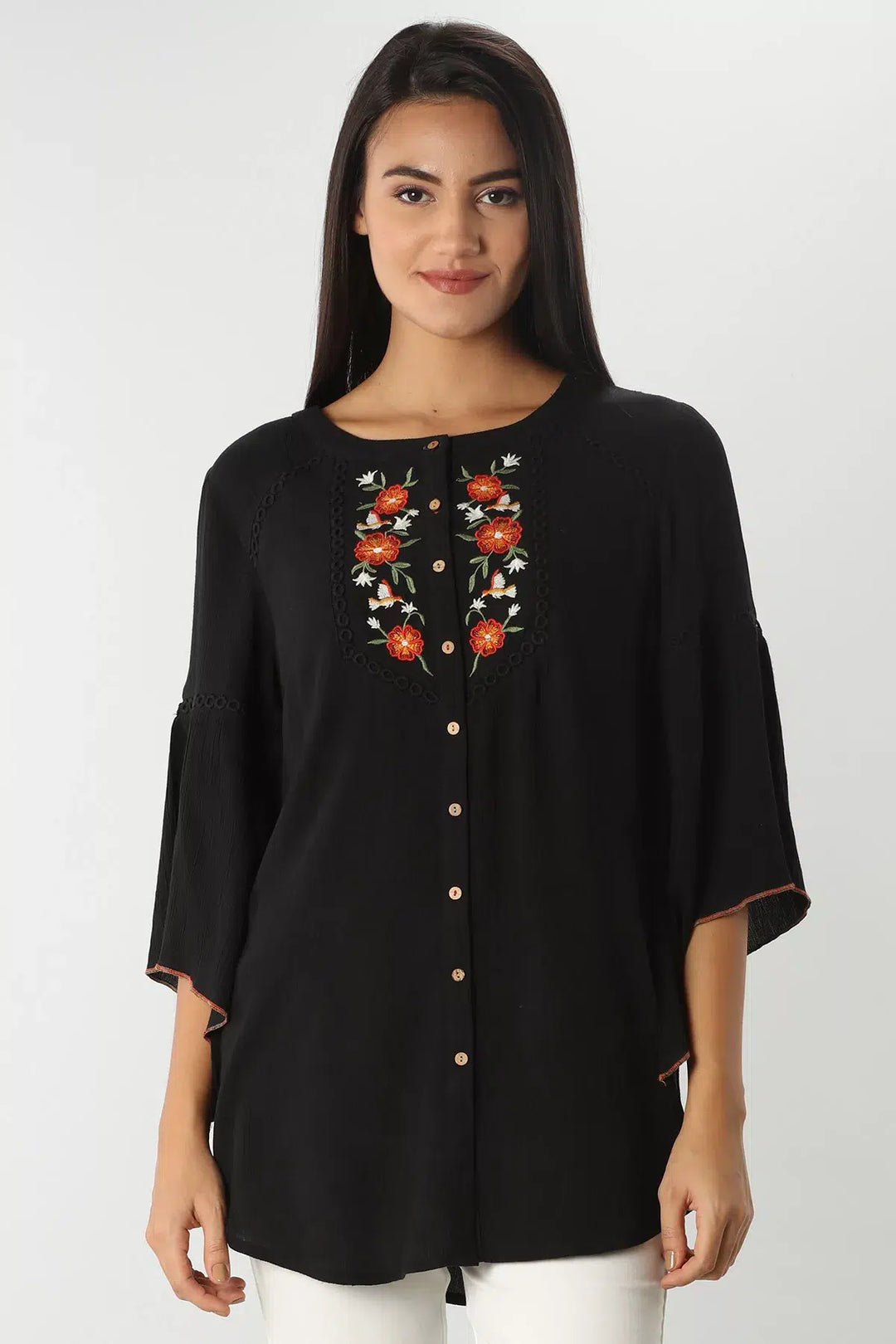 BLACK EMBROIDERED TOP WITH FLARED SLEEVES