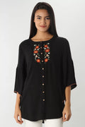 BLACK EMBROIDERED TOP WITH FLARED SLEEVES
