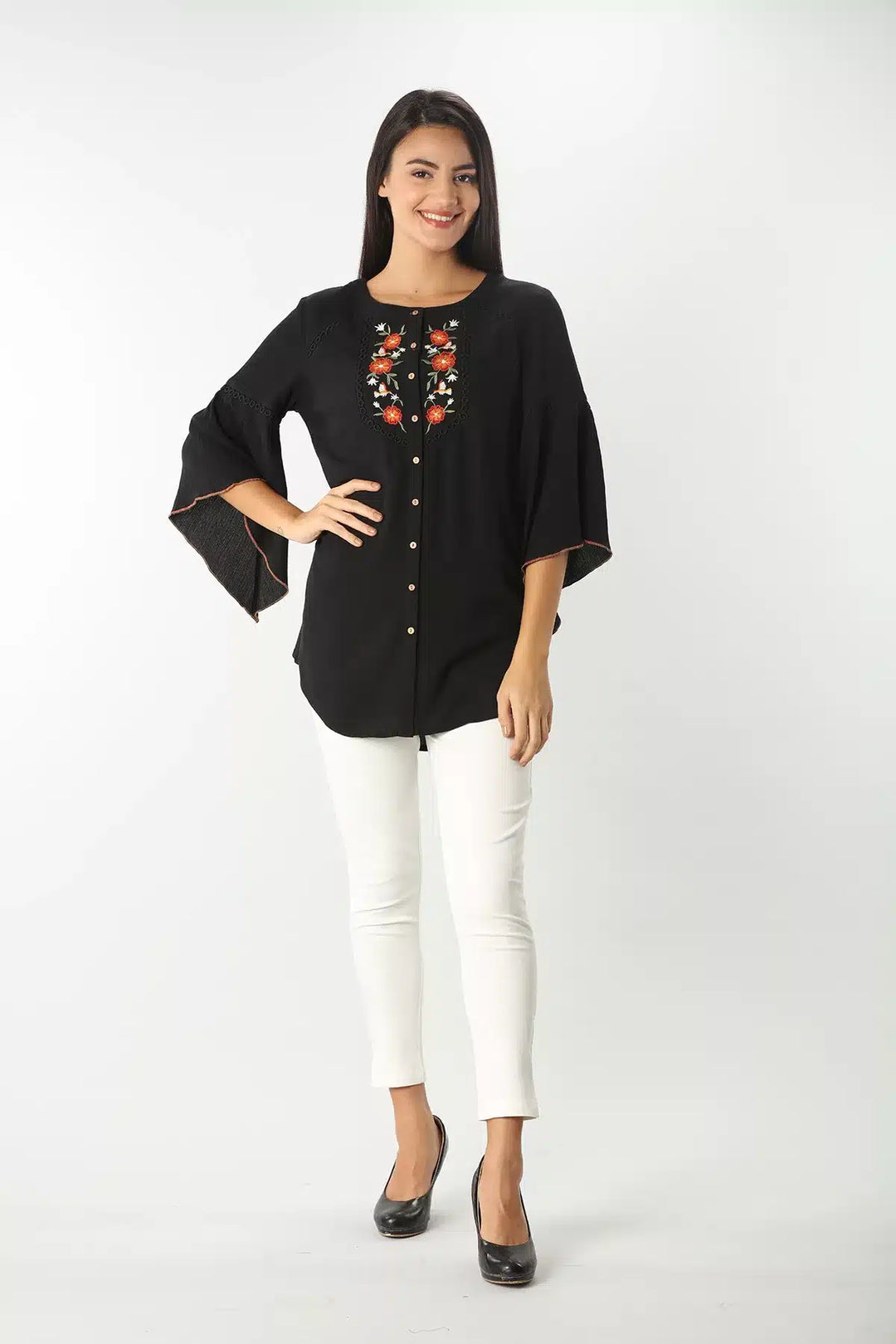 BLACK EMBROIDERED TOP WITH FLARED SLEEVES