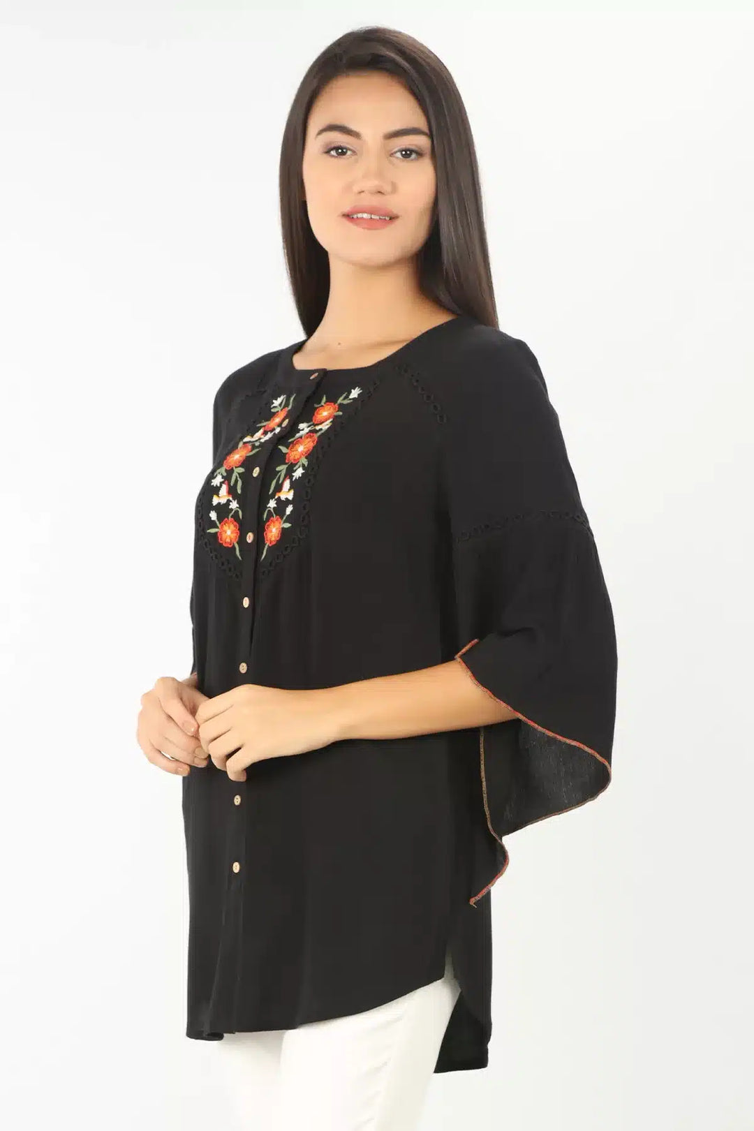 BLACK EMBROIDERED TOP WITH FLARED SLEEVES