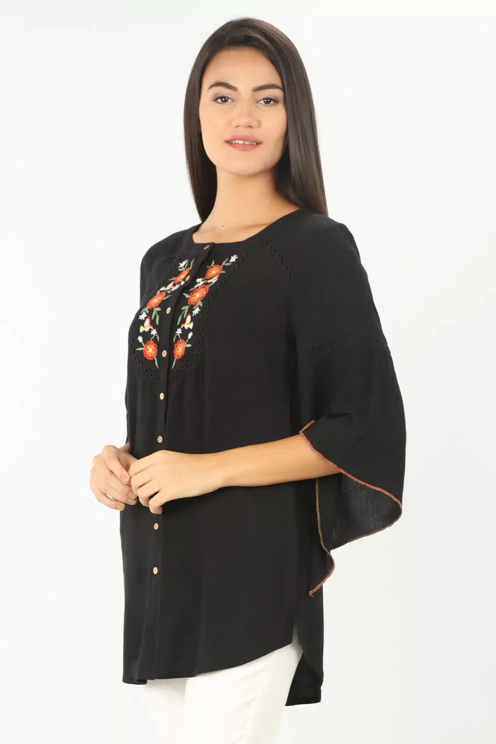BLACK EMBROIDERED TOP WITH FLARED SLEEVES