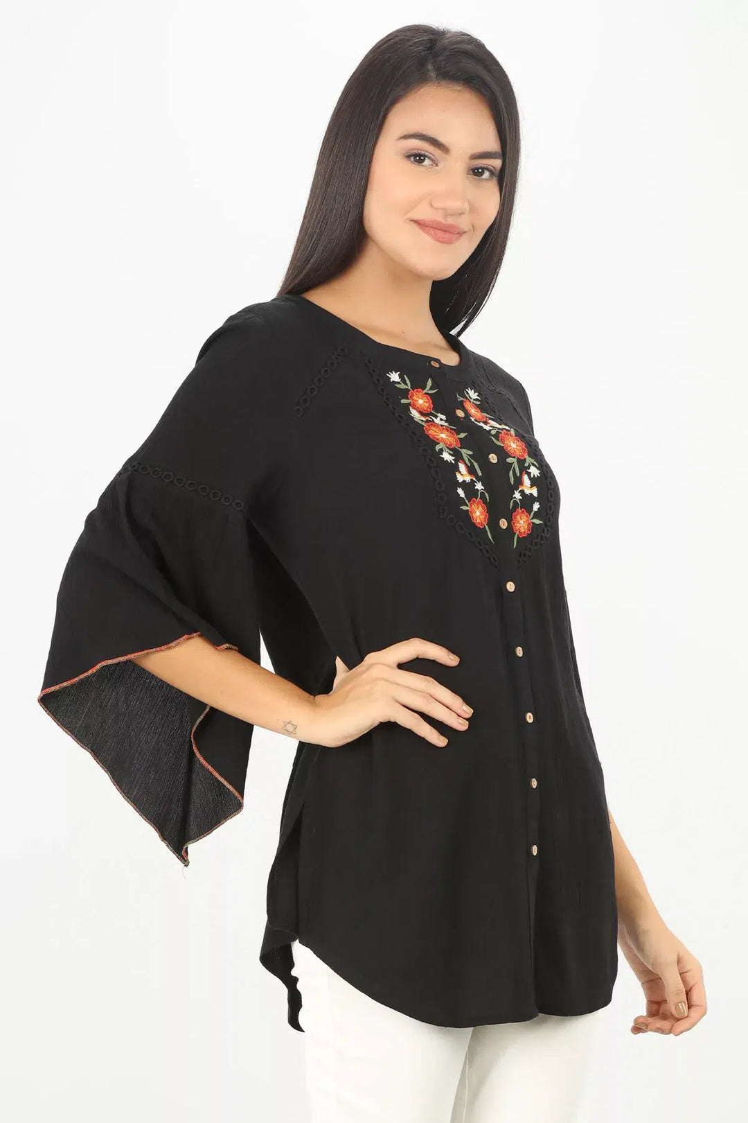 BLACK EMBROIDERED TOP WITH FLARED SLEEVES