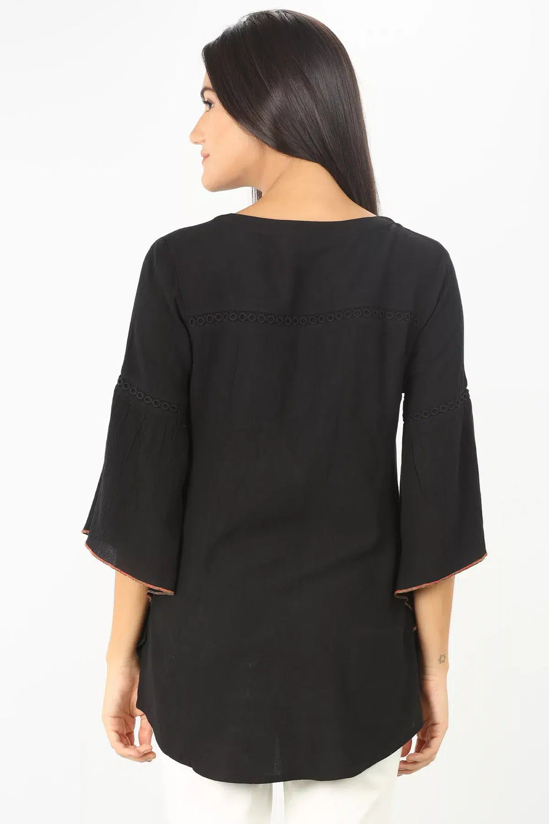 BLACK EMBROIDERED TOP WITH FLARED SLEEVES