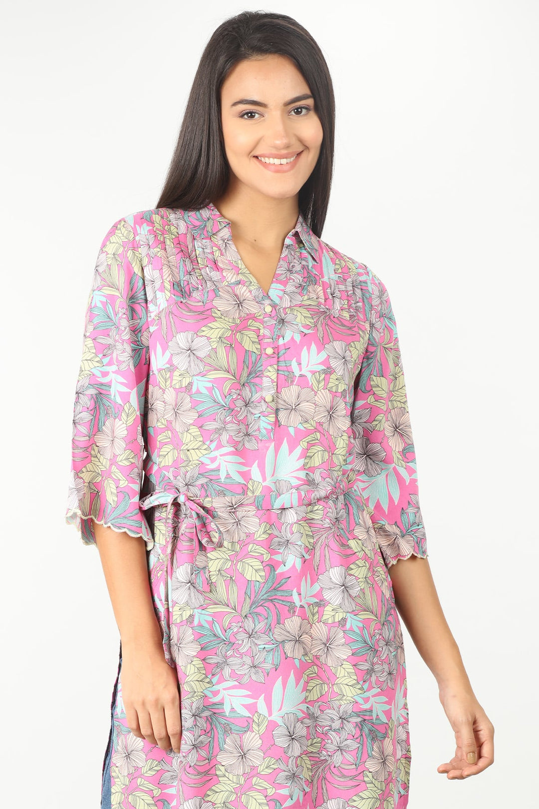 Pink floral print Tunic with collared neck