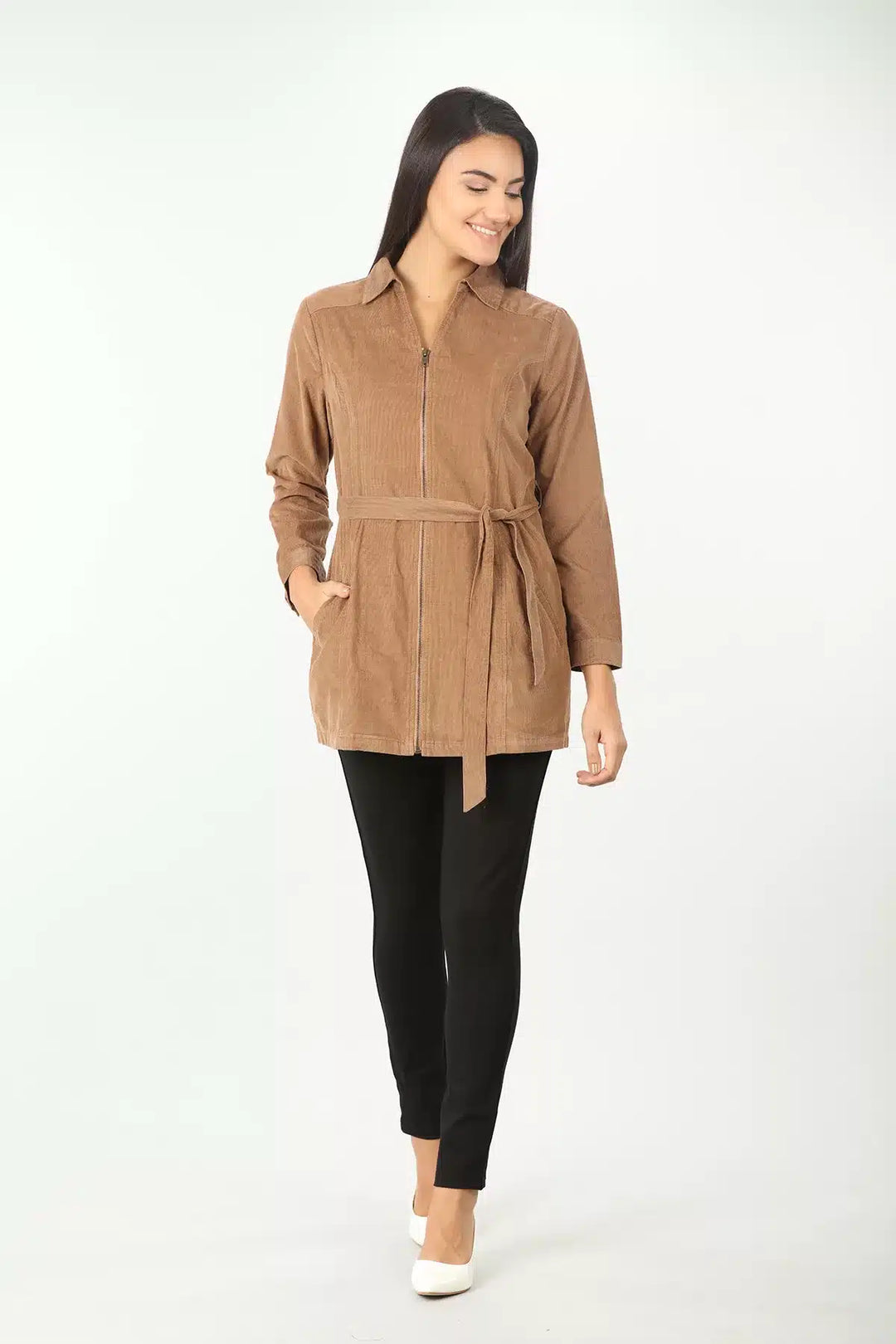 BEIGE TIE-UP SHIRT WITH COLLAR NECK