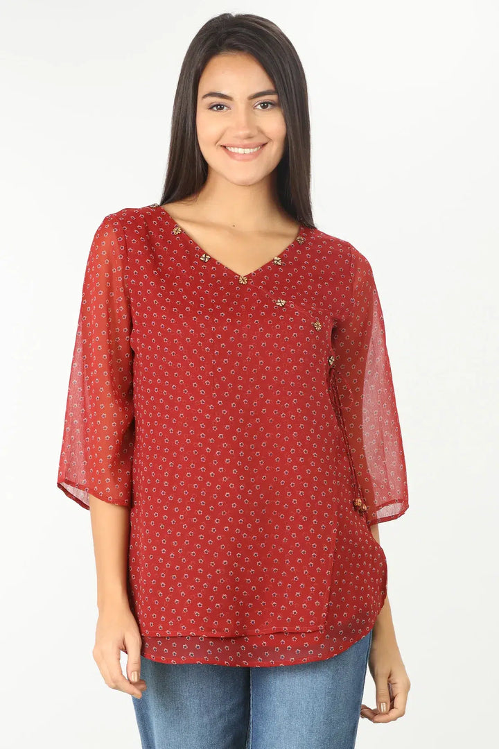 RED CHIFFON PRINTED TOP