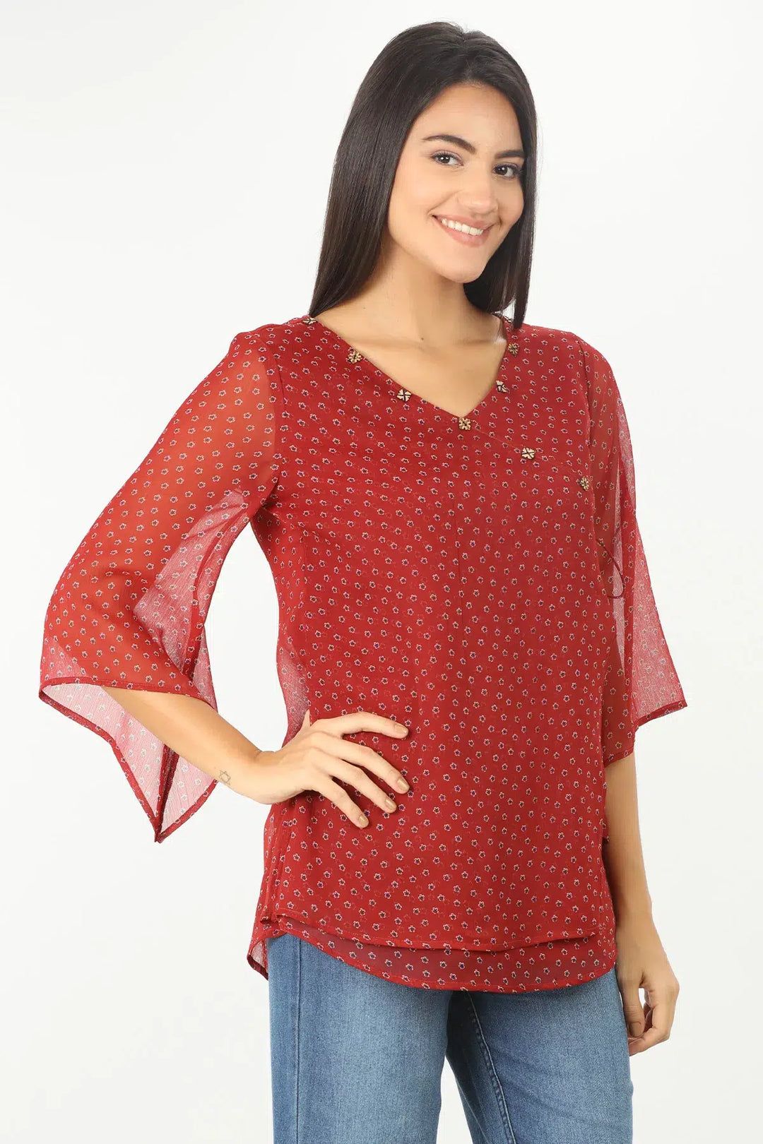 RED CHIFFON PRINTED TOP