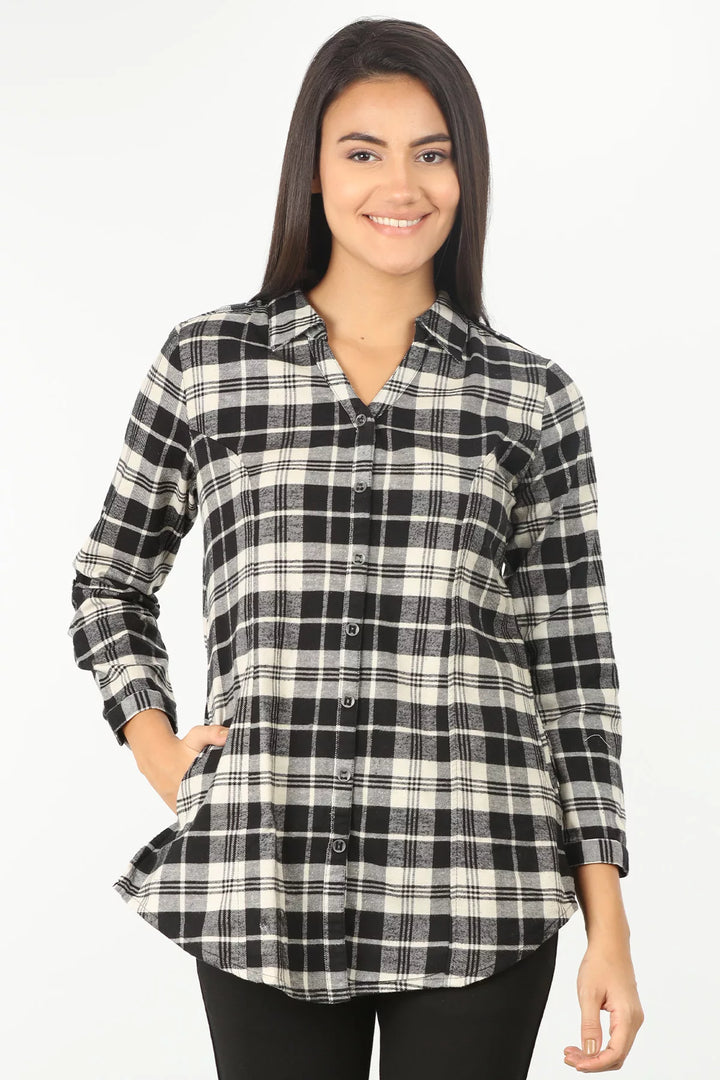 BLACK CHECK SHIRT WITH CURVED HEM