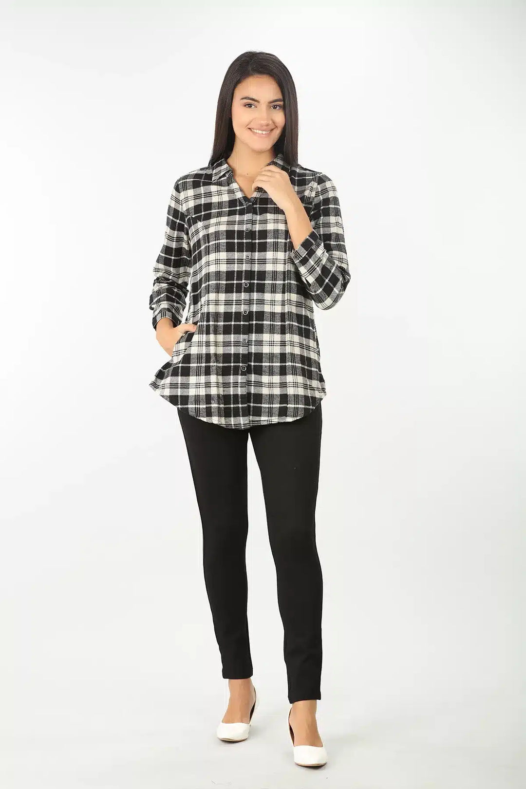 BLACK CHECK SHIRT WITH CURVED HEM