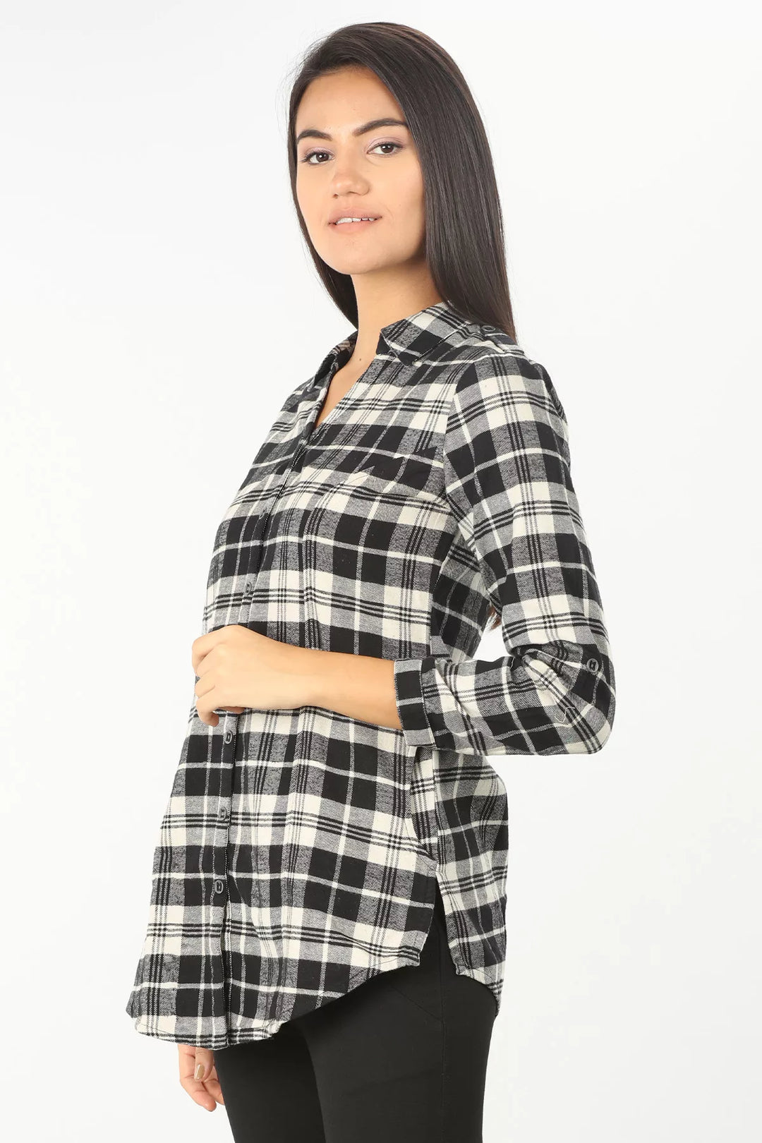 BLACK CHECK SHIRT WITH CURVED HEM