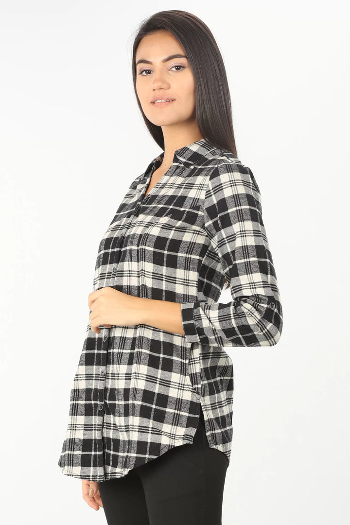 BLACK CHECK SHIRT WITH CURVED HEM