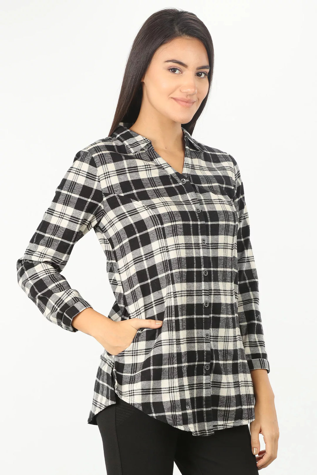 BLACK CHECK SHIRT WITH CURVED HEM