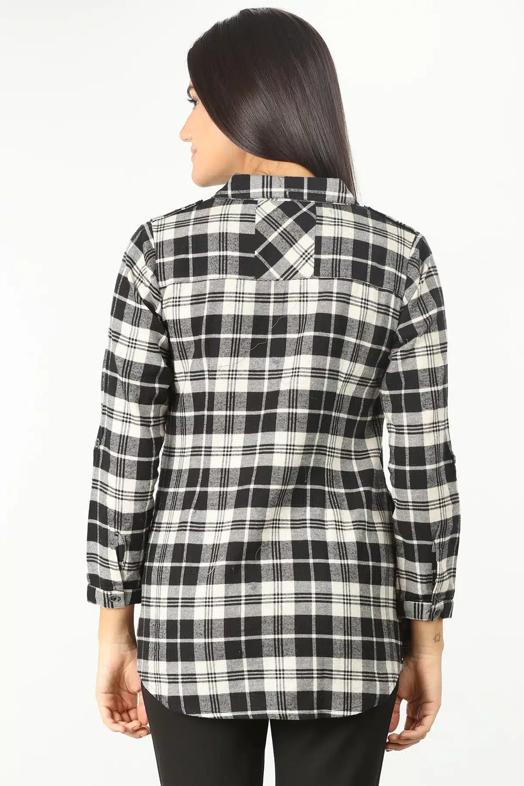 BLACK CHECK SHIRT WITH CURVED HEM