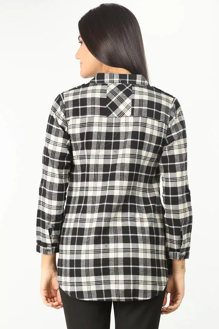 BLACK CHECK SHIRT WITH CURVED HEM