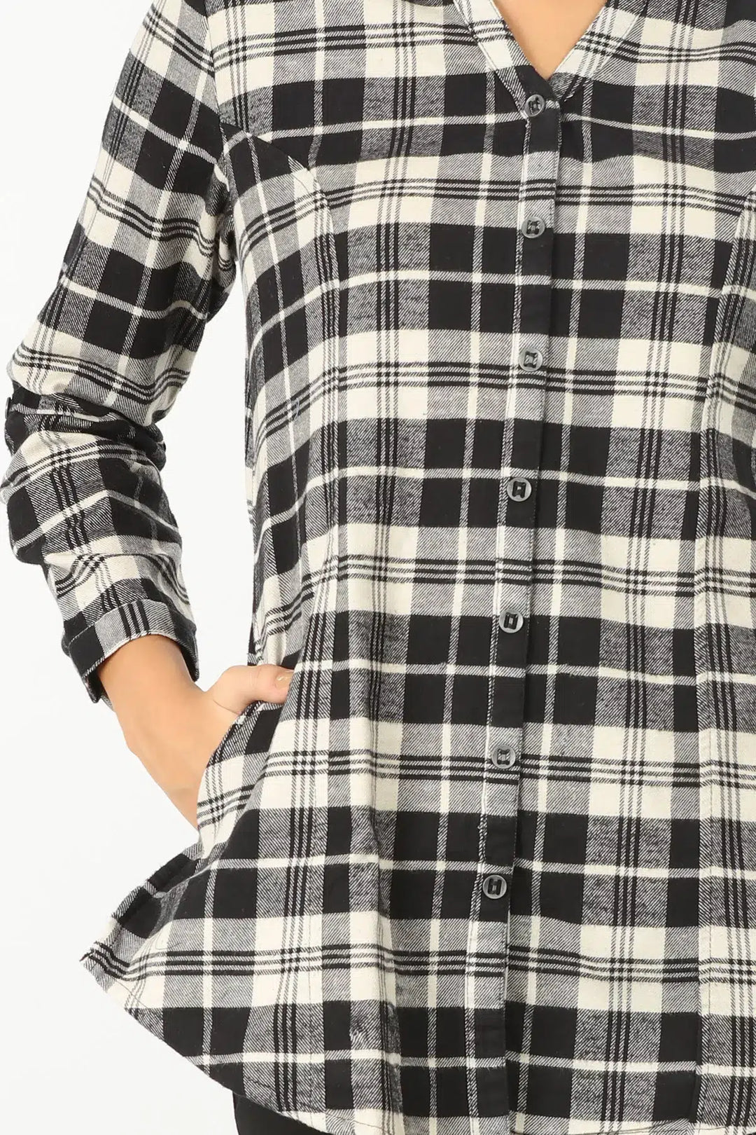 BLACK CHECK SHIRT WITH CURVED HEM