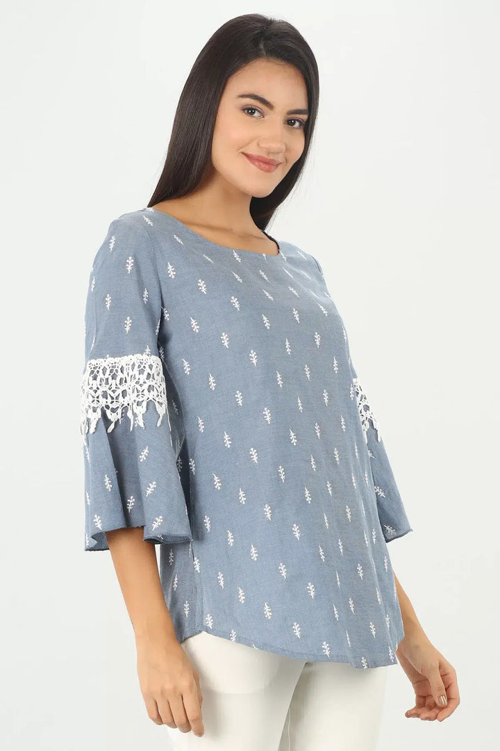 BLUE LACE TOP WITH ROUND NECK