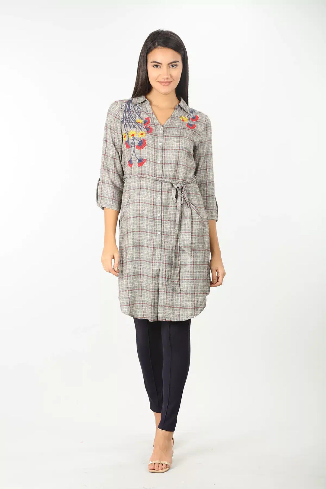 Grey Embroidered collared Tunic