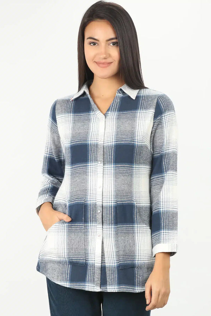 BLUE CHECK SHIRT WITH SIDE SLIT