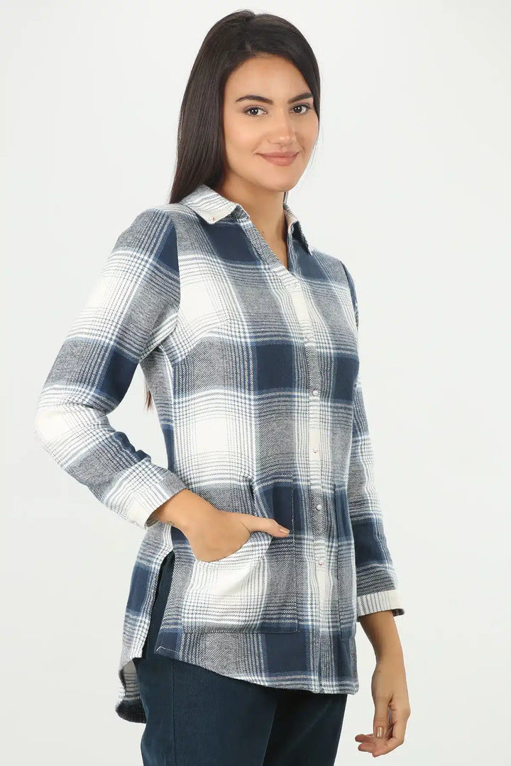 BLUE CHECK SHIRT WITH SIDE SLIT