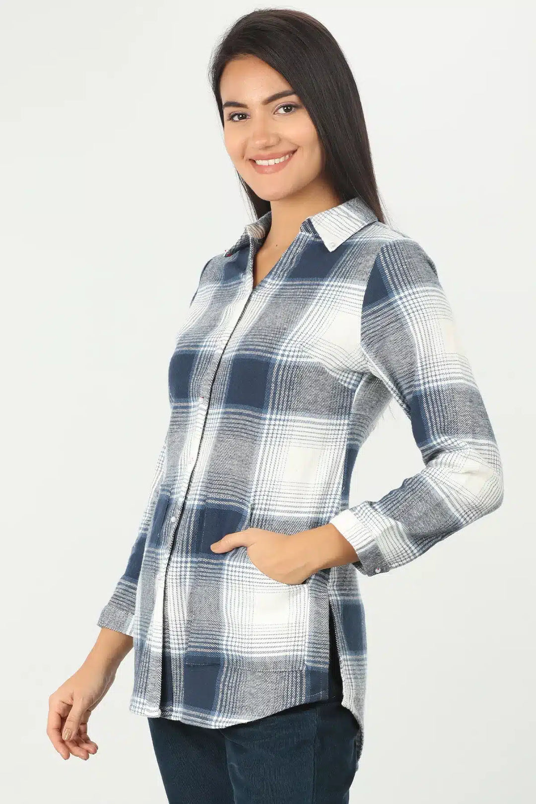 BLUE CHECK SHIRT WITH SIDE SLIT