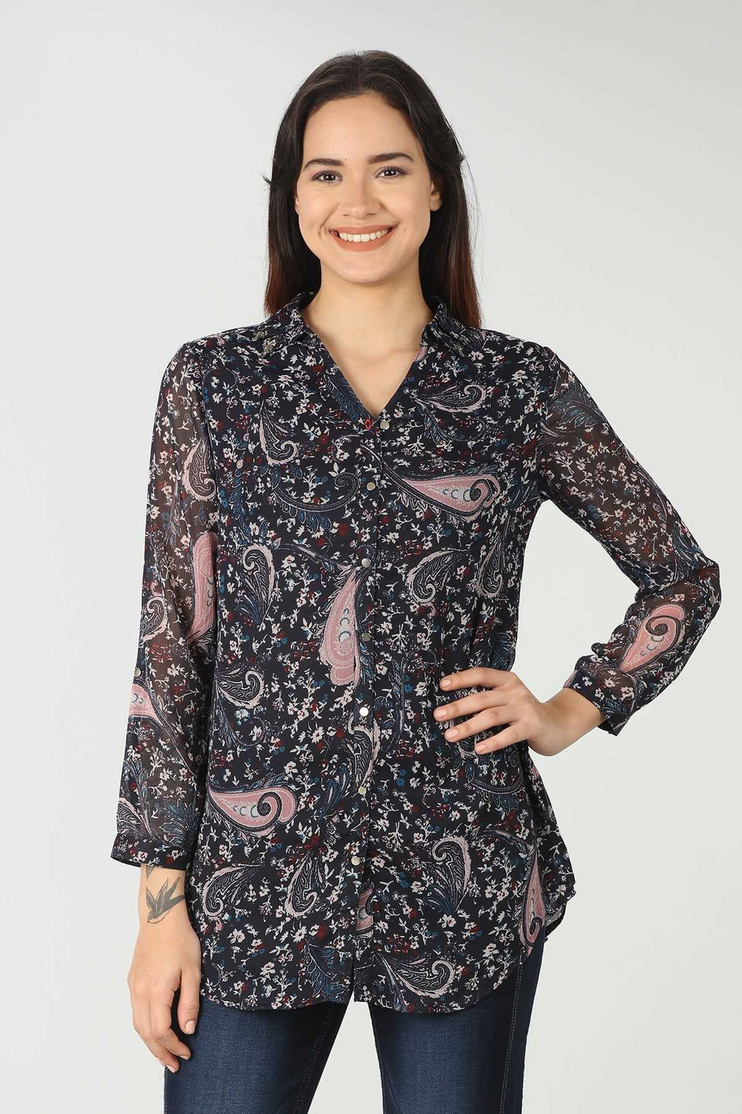 Chiffon Dark Blue Printed Shirt