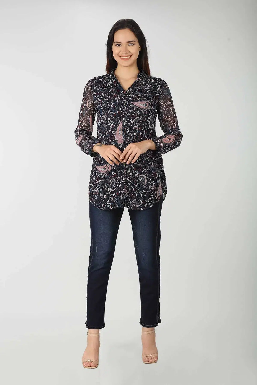 Chiffon Dark Blue Printed Shirt