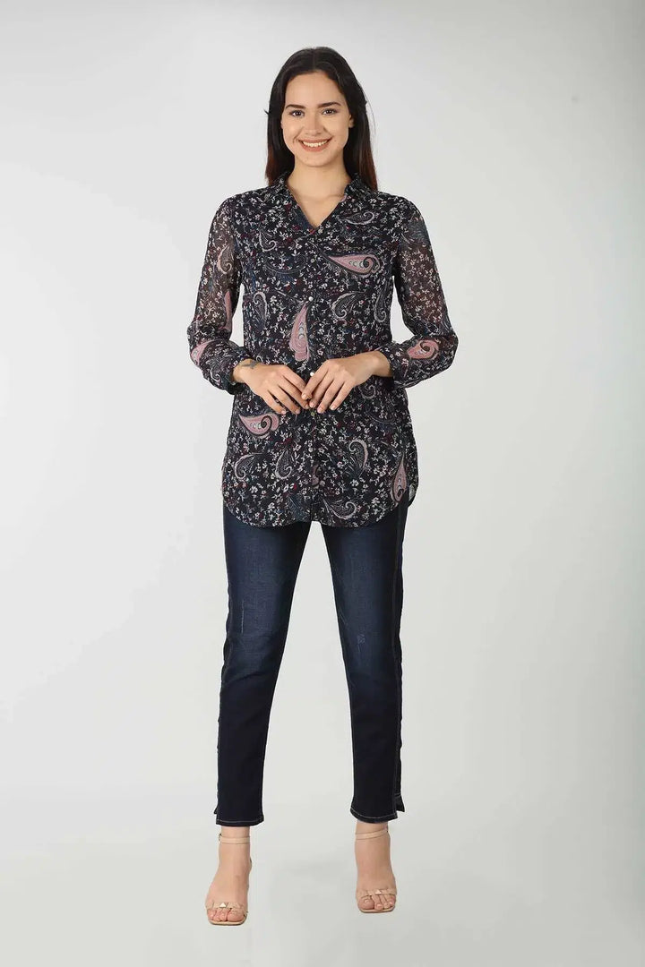 Chiffon Dark Blue Printed Shirt