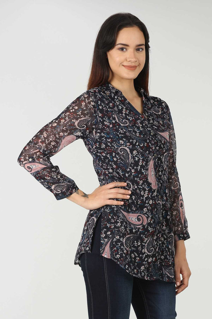 Chiffon Dark Blue Printed Shirt