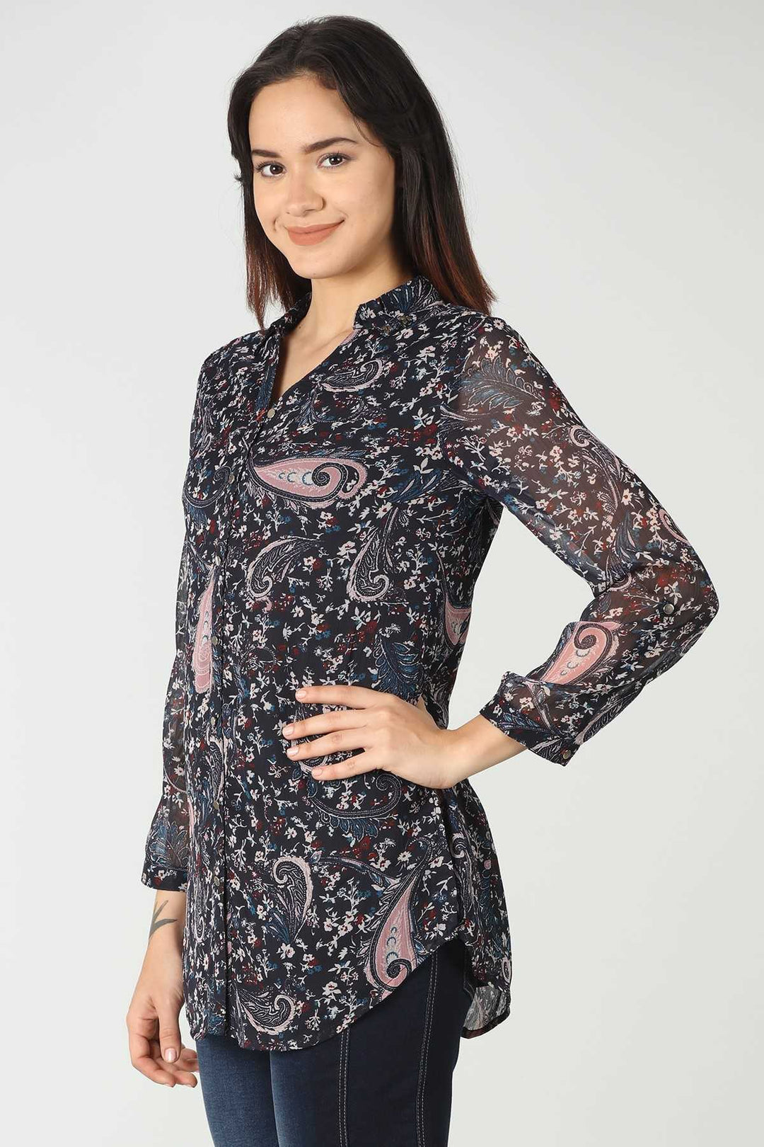 Chiffon Dark Blue Printed Shirt