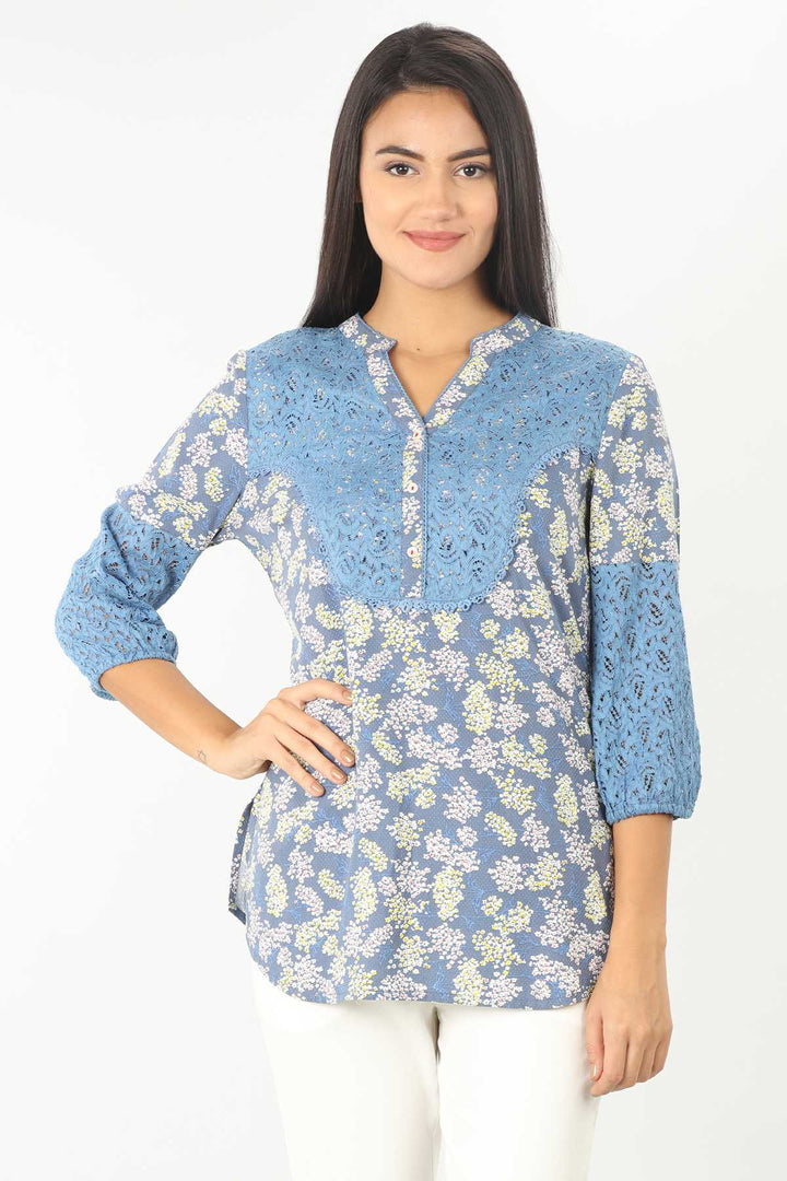 Blue Printed Top With Lace Work