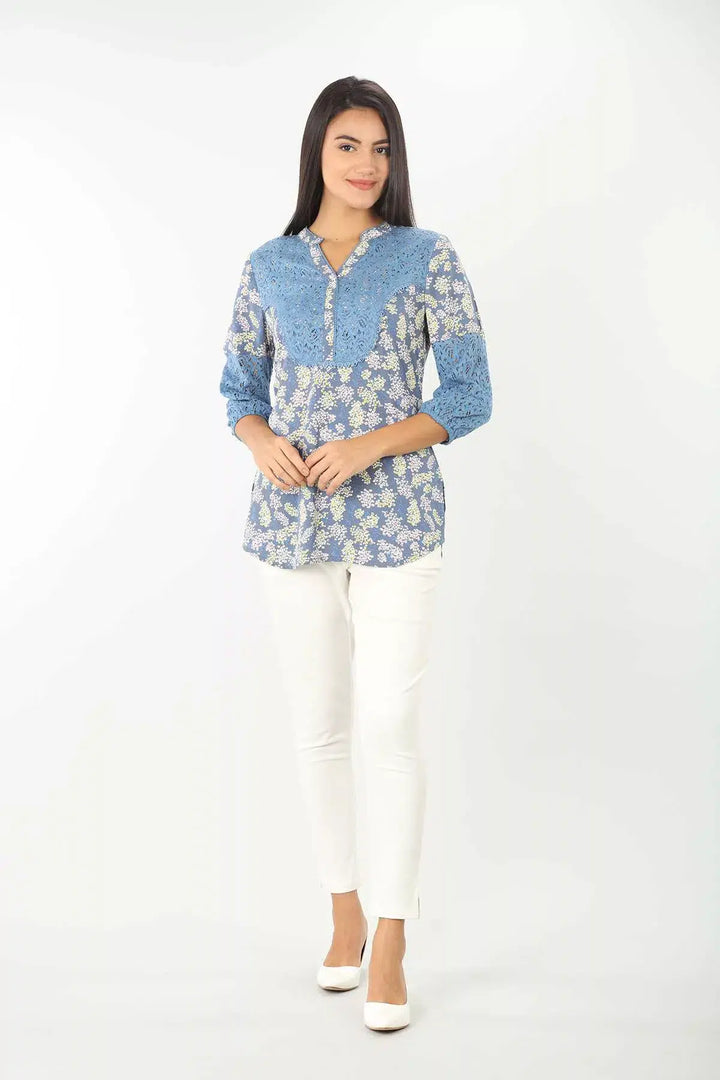 Blue Printed Top With Lace Work