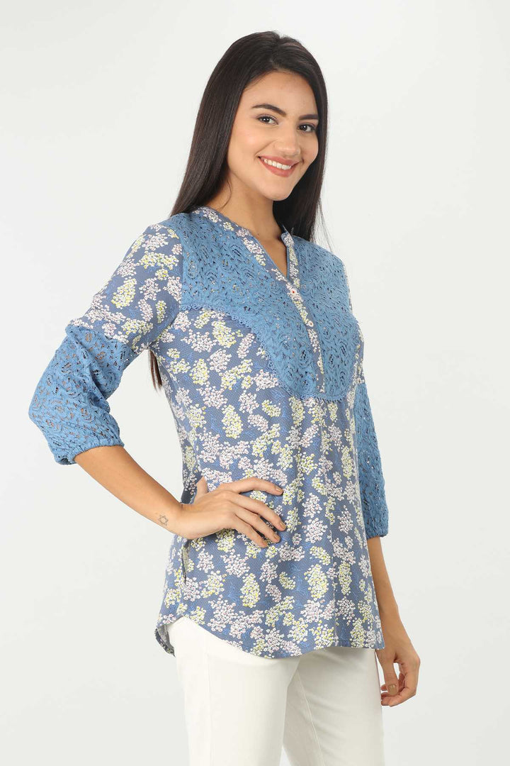 Blue Printed Top With Lace Work